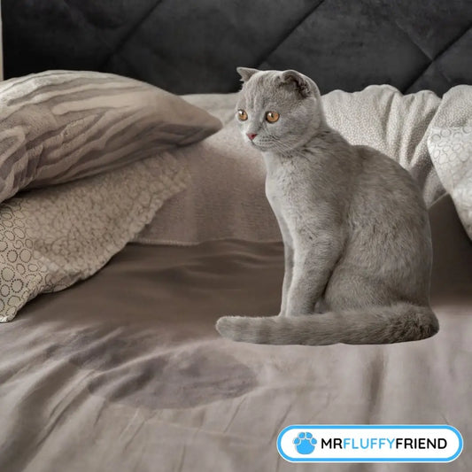 Grey British Shorthair cat sitting on a bed with decorative pillows and pee