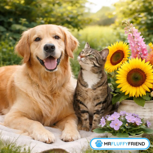 A golden retriever and a tabby cat sitting next to pet-safe sunflowers and phalaenopsis orchids.