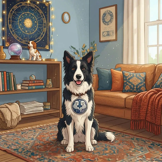 A Border Collie wearing a Gemini medallion in a cozy study, showing how certain dog breed zodiac signs complement specific personalities.