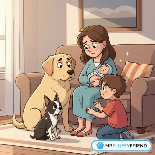 Sad Golden Retriever and Boston Terrier acting jealous near a mother holding a baby.